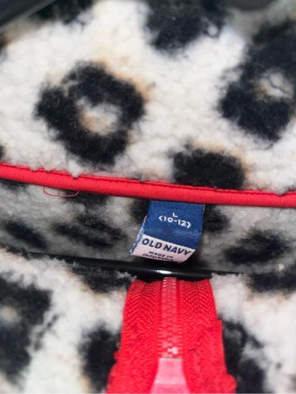 Old Navy Black & White Leopard Fleece Jacket with Red Trim